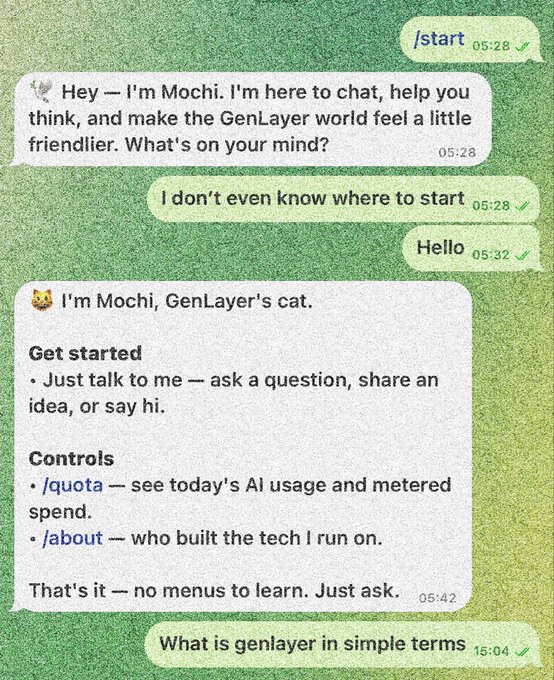 A chat interface on a green background shows a conversation with 'Mochi,' GenLayer's cat bot, who explains how to use commands like /quota and /about.