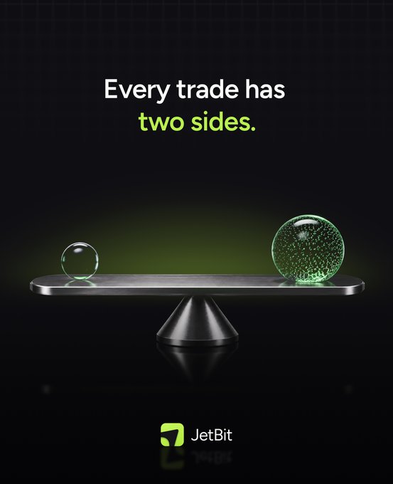 The visual shows a balanced scale with a small green sphere on the left and a larger textured green sphere on the right, beneath the tagline "Every trade has two sides." The JetCit logo appears at the bottom, reinforcing the concept of counterparty balance—visually echoing the post's message that trading involves not just the trader, but also the liquidity providers on the other end.