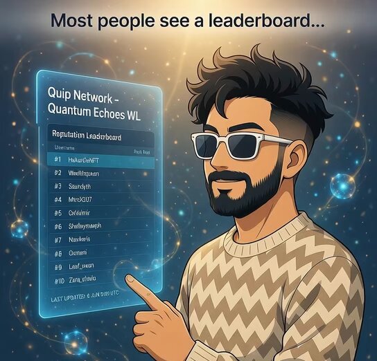 The image features a cartoon man wearing glasses, sunglasses, and a sweater with a checkered pattern. He is pointing at a screen displaying a list of names or artists along with their respective ratings. The text "I have been pondering much lately about good NFT collections of Quip Network Quantum Echoes" can be seen in the image as well. This suggests that the man might be discussing or contemplating the collection displayed on the screen, possibly related to the Quip network and Quantum Echoes.