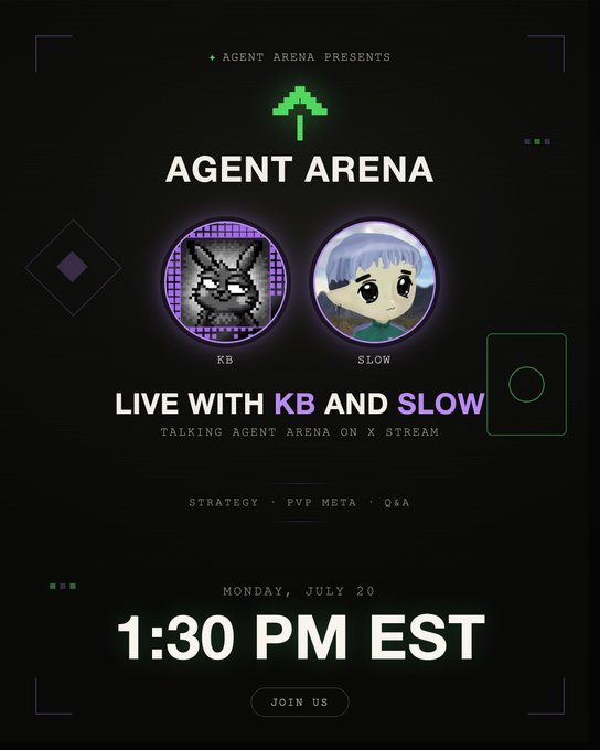Promotional graphic for Agent Arena's live stream "KB and Slow" on Monday, July 20 at 1:30 PM EST, featuring pixel-art avatars of KB and Slow, with topics including Strategy, PVP Meta, and Q&A, which ties into the post announcing a Kuru trading bot competition Q&A session.