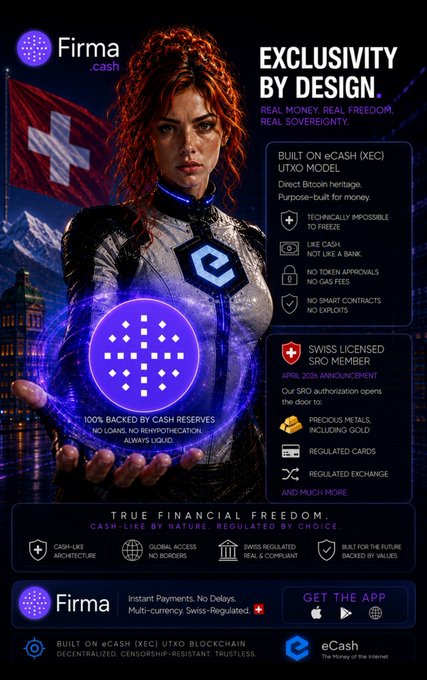 A promotional poster for 'Firma.cash' featuring a woman holding a glowing purple orb, advertising 'EXCLUSIVITY BY DESIGN' for eCash (XEC) with features like cash-like architecture and no token approvals.