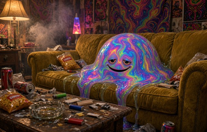 A psychedelic, iridescent slime-like creature with a smiling face oozes across a cluttered, vintage yellow couch in a messy living room filled with snack bags, cans, and a lava lamp.