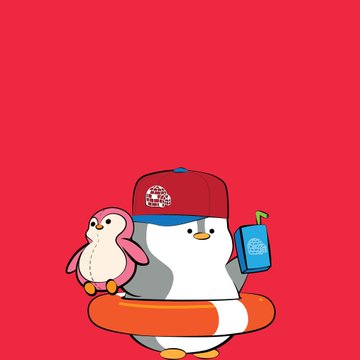 Two cartoon penguins wearing red caps with floaties and holding drinks are set against a red background.
