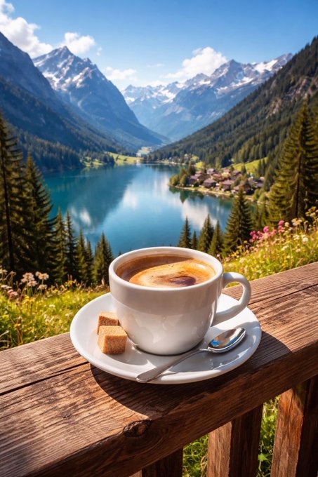 A white ceramic cup of coffee sits on a saucer with a spoon and a sugar cube on a wooden railing, overlooking a picturesque turquoise alpine lake surrounded by snow-capped mountains, green forests, and a small village.