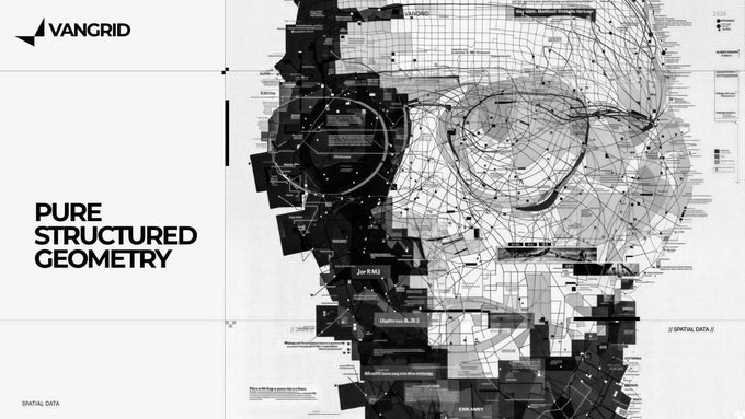 An artistic infographic titled 'VANGRID - PURE STRUCTURED GEOMETRY' featuring a fragmented, schematic-style portrait of a face.