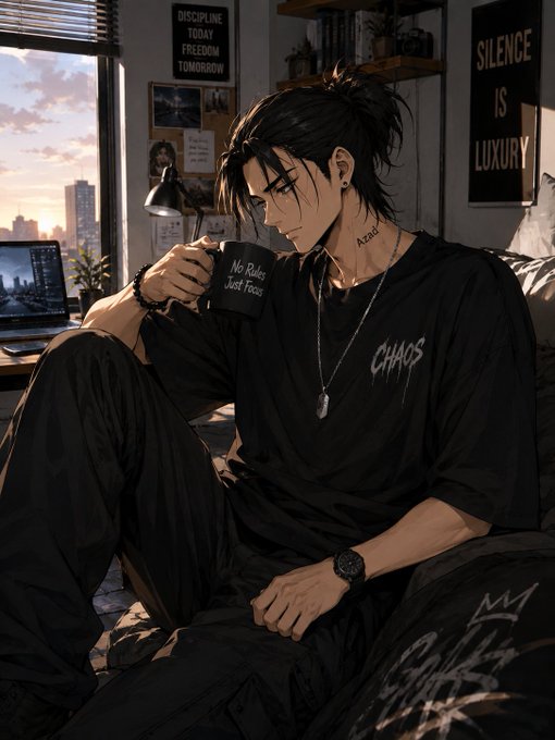 An anime-style digital illustration of a dark-haired young man sitting in a moody room holding a 'No Rules Just Focus' mug, wearing a black 'CHAOS' t-shirt and dog tags, with 'SILENCE IS LUXURY' and other posters on the walls.