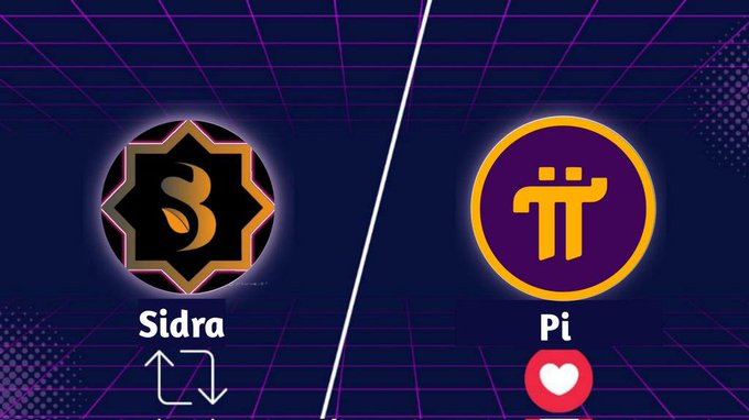 A comparison graphic showing two cryptocurrency logos side by side: 'Sidra' on the left with a black and gold emblem and exchange arrows, and 'Pi' on the right in a purple circle with a heart icon.
