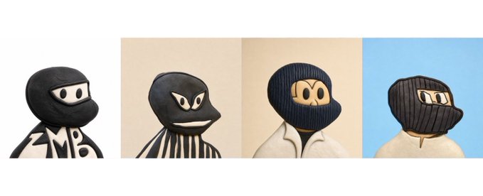 Four variations of a cartoonish figure wearing a black balaclava mask are displayed side-by-side, showing different styles and color combinations.
