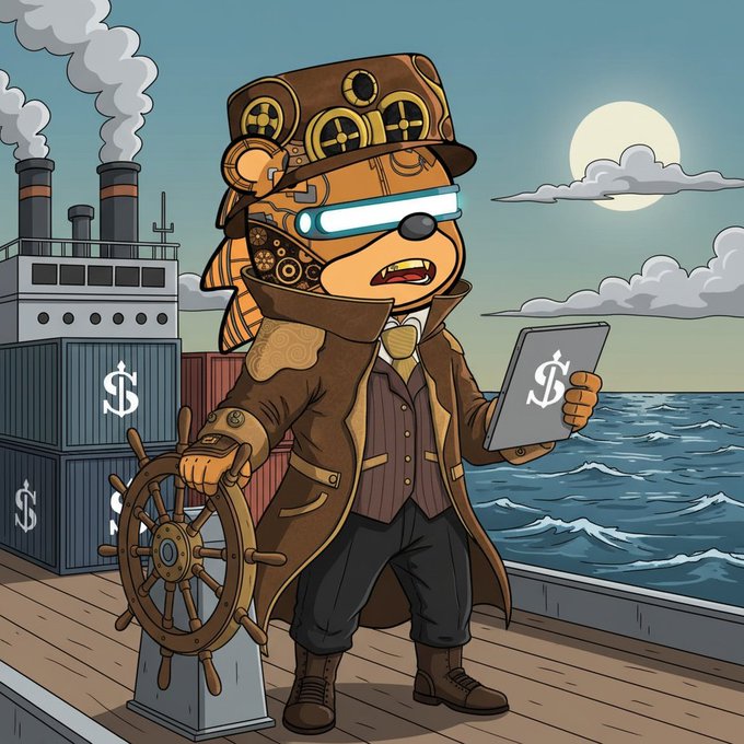 A steampunk cartoon tiger dressed as a captain in a trench coat and VR goggles, holding a ship's wheel and a tablet with a dollar sign, standing on a dock with cargo containers.