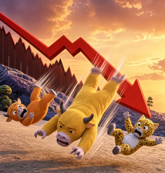 Three animated animal characters—a yellow yak, a brown cow, and a spotted cheetah—appear to fall or fly through the air with distressed expressions in front of a large red downward-trending zigzag arrow against a sunset sky, illustrating a market crash.