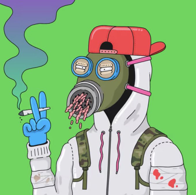 A digital illustration of a character wearing a gas mask with eyes inside the goggles, smoking a cigarette and wearing a white hoodie with a red cap and backpack against a green background.