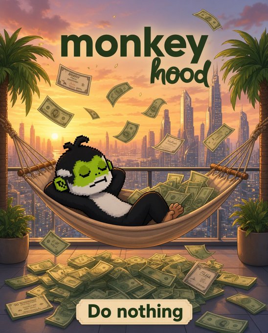 An illustration for a project called 'monkey hood' showing a pixel-art monkey relaxing in a hammock surrounded by floating dollar bills, with a city skyline at sunset in the background and a 'Do nothing' button at the bottom.