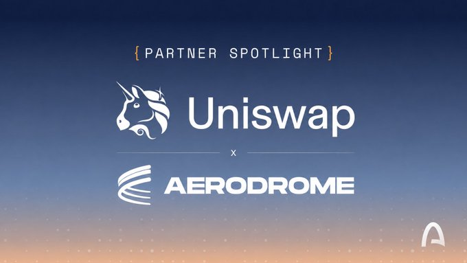 A promotional graphic titled '{PARTNER SPOTLIGHT}' displays the logos for 'Uniswap' featuring a unicorn and 'AERODROME' against a gradient blue and orange background.