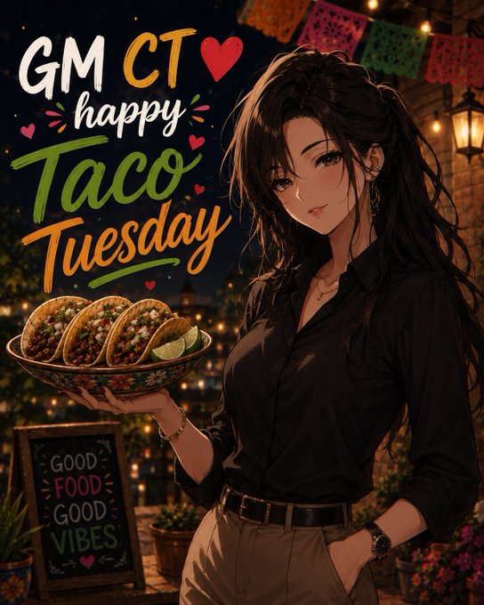 Anime-style illustration of a woman holding a bowl of tacos with text 'GM CT happy Taco Tuesday' and a 'GOOD FOOD GOOD VIBES' chalkboard sign.