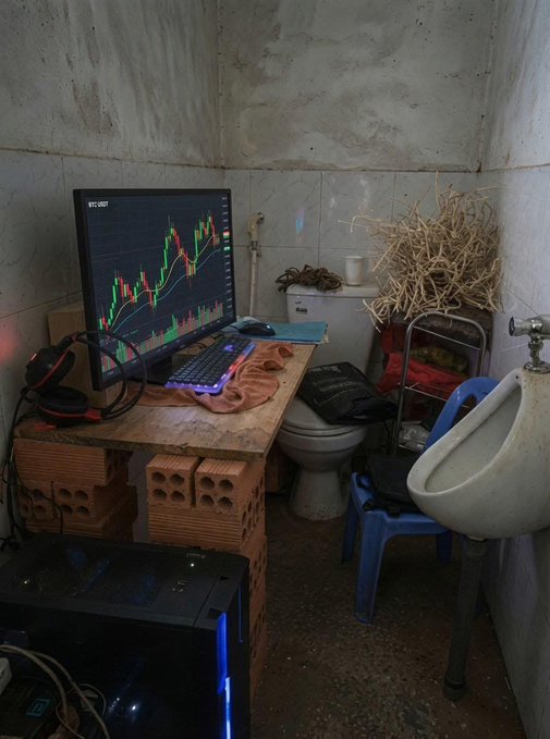 The image shows a small room with a computer setup, including a desktop computer monitor displaying a stock chart, a keyboard, and a mouse. A chair is positioned next to the desk, and there are two urinals installed in the bathroom area of the room. The overall scene suggests that this space might be used for both work and personal activities or even as an unconventional workspace.