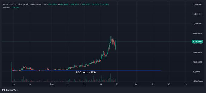 A TradingView 4-hour chart for $NET (Net/Usdc on Uniswap) showing price at 629.7077 with +11.89% gains, featuring a horizontal support line labeled "PICO bottom $25" that the recent rally has broken above as price surged from the $25–$100 range to a peak near $800 before pulling back.