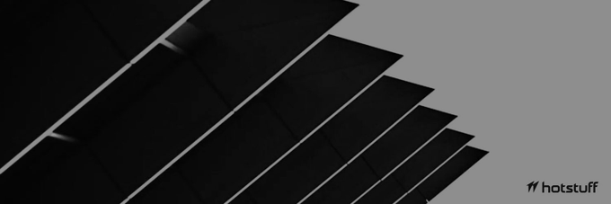 A stylized graphic featuring diagonal black parallelograms cascading down from the upper left against a gray background, with the "hotstuff" logo visible in the bottom right corner, visually reinforcing the post's focus on the @tradehotstuff platform's low-fee trading benefits.