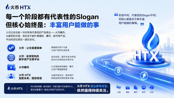 A promotional graphic for 火币 HTX (Huobi HTX) exchange in Chinese, highlighting its slogans and services including trading, global leading digital asset platform, Huobi Earn, and ecosystem.