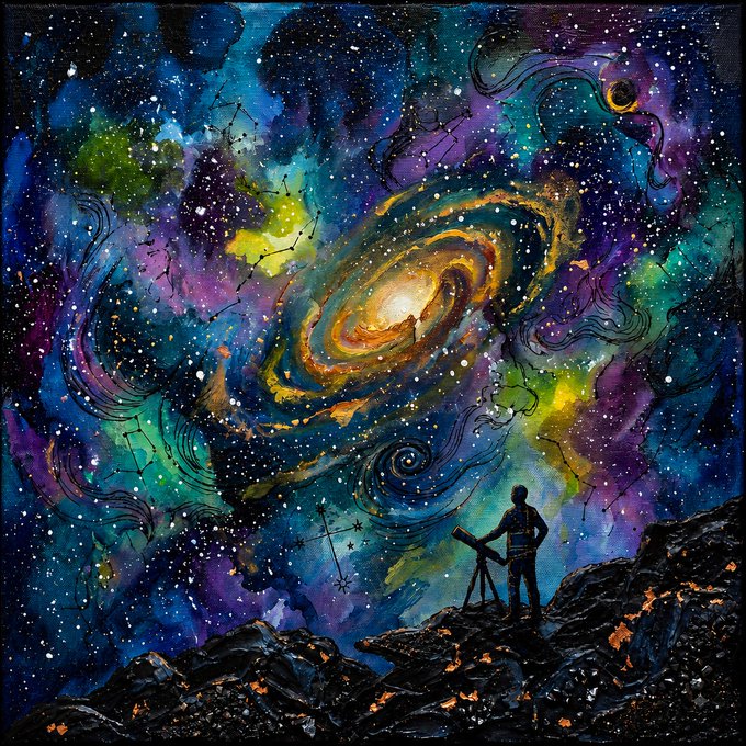 A vibrant, colorful painting portrays a silhouetted figure standing on a rocky landscape, looking through a telescope at a spectacular, swirling galaxy filled with stars and nebulas.