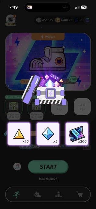 A mobile game screen showing a gacha/loot box opening interface with items including a Walker shoe, a futuristic machine, and various rewards like crystals and gems.
