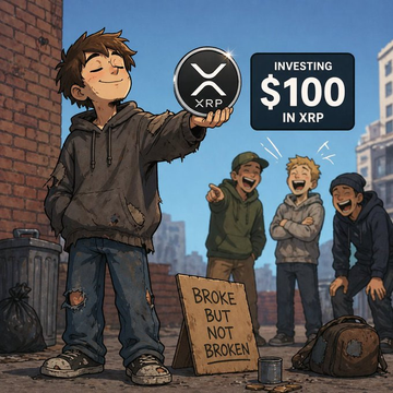 A young, determined-looking boy holds up an XRP coin beside a label reading "INVESTING $100 IN XRP," while three smiling onlookers react behind him and a cardboard sign declares "BROKE BUT NOT BROKEN"—visually reinforcing the post's message that even small XRP holders carry bold conviction despite their humble means.