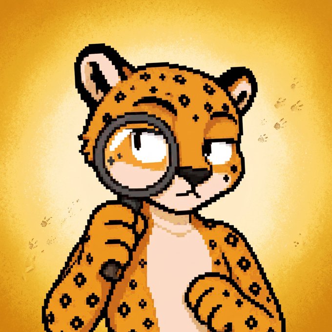Pixel art illustration of a leopard character holding a magnifying glass with a smug expression against a yellow gradient background.