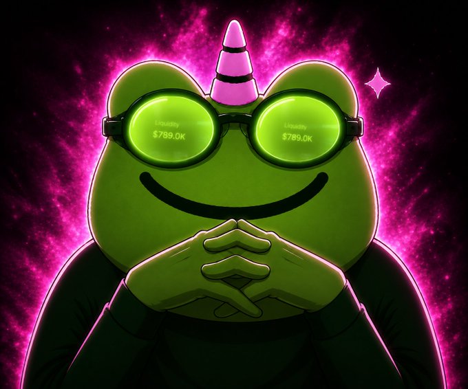 A digital illustration features a green frog character wearing a pink traffic cone, green sunglasses displaying 'Liquidity $789.0K', and clasping its hands against a cosmic pink background.
