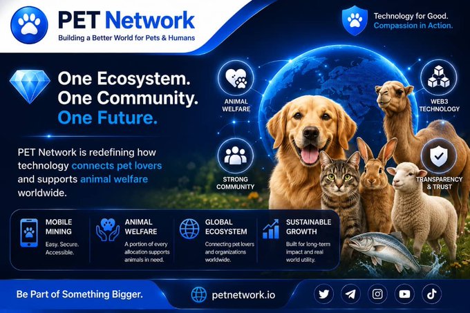 A promotional graphic for 'PET Network' with the tagline 'Building a Better World for Pets & Humans' and 'One Ecosystem. One Community. One Future,' featuring a dog, cat, llama, lamb, and fish alongside icons for Animal Welfare, Web3 Technology, Transparency & Trust, Mobile Mining, Global Ecosystem, and Sustainable Growth.