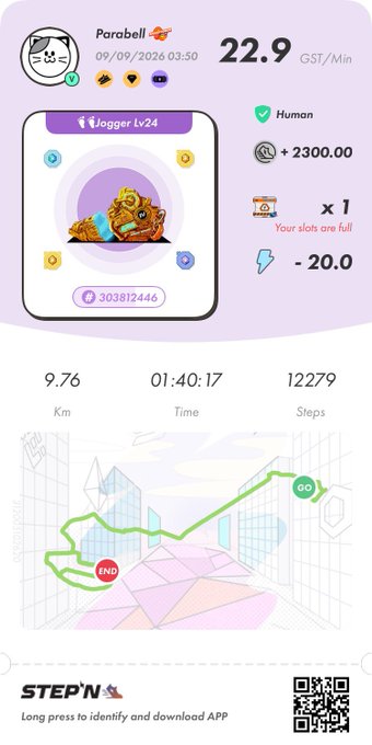 A screenshot from the STEPN app displays running statistics for user 'Parabell' at 22.9 GST/Min, showing 9.76 km, a time of 01:40:17, and 12,279 steps on a colorful map route.