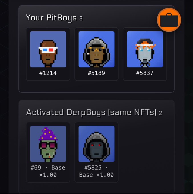 A digital interface displays a collection of pixel-art NFTs, showing 'Your PitBoys 3' including items #1214, #5189, and #5837, alongside 'Activated DerpBoys (same NFTs) 2' showing items #69 and #5825.