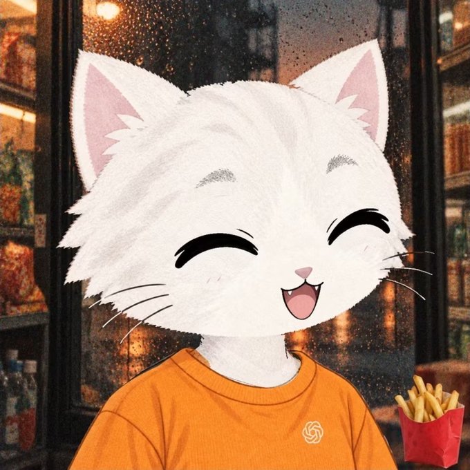 An anime-style anthropomorphic white cat character with a happy closed-eye smile, wearing an orange t-shirt, holding a red carton of french fries in what appears to be a restaurant setting.