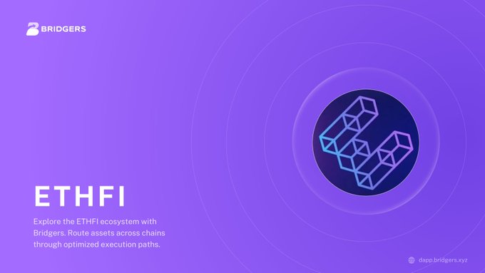 A purple promotional graphic features the 'BRIDGERS' logo, the text 'ETHFI', and a description reading 'Explore the ETHFI ecosystem with Bridgers. Route assets across chains through optimized execution paths,' with the URL 'dapp.bridgers.xyz' in the bottom right corner.