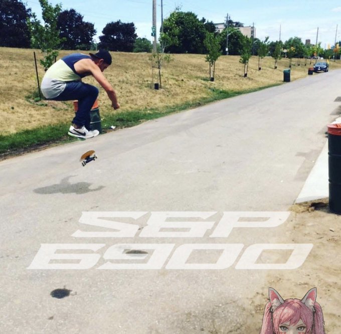 A skateboarder performs a kickflip on a paved path beside a grassy hillside, with large white text reading 'SEP 6900' overlaid on the road.
