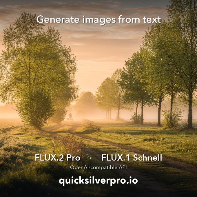 The image shows a road with trees lining both sides of it at sunrise or sunset. The sky above has a beautiful orange hue, creating a serene atmosphere. In the foreground, there are two people walking along the path, enjoying the peaceful surroundings. On the right side of the image, there is text that reads "Your OpenAI-compatible API makes images too QuickSilver Pro now serves FLUX.2 Pro & FLUX.1 Schnell - same key, same SDK, same bill you already use for chat". The image also contains a link to the website "quicksilverpro.io" and an image of a person walking on a path with trees in front of them.