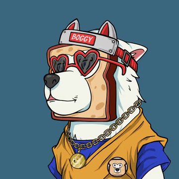 A cartoon illustration of a white dog character wearing red heart-shaped sunglasses, a headband labeled 'BOOGY', gold chains, and a yellow vest with a dog logo.