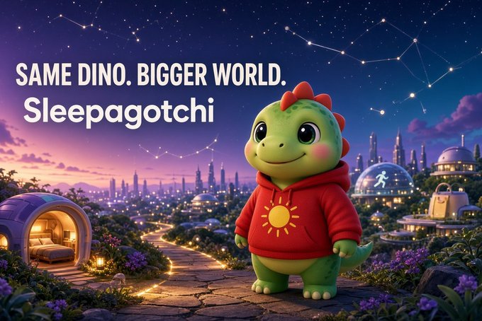 An animated promotional image for 'Sleepagotchi' featuring a green cartoon dinosaur in a red hoodie against a starry night cityscape with the text 'SAME DINO. BIGGER WORLD. Sleepagotchi'.