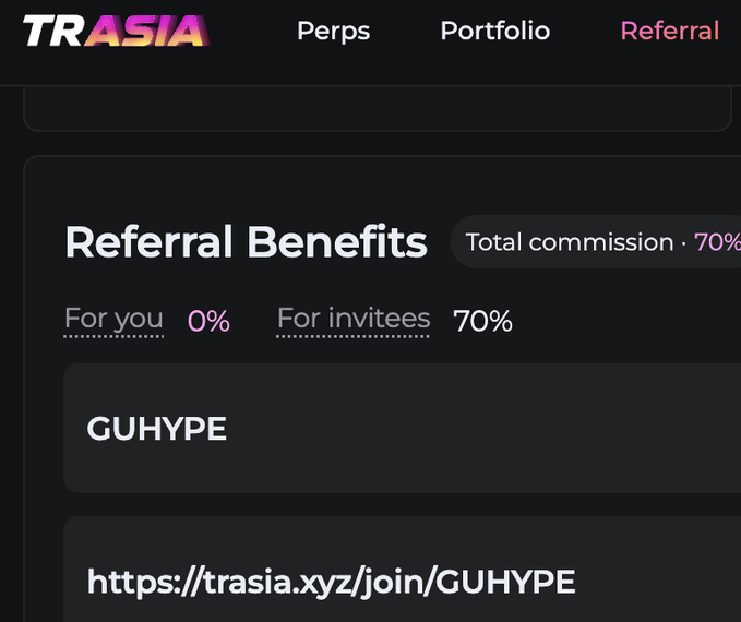 A screenshot of a TRASIA website referral benefits page showing 0% for the user and 70% for invitees, with a referral code 'GUHYPE' and link https://trasia.xyz/join/GUHYPE.
