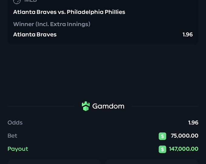 A Gamdom MLB betting slip for the Atlanta Braves vs. Philadelphia Phillies showing a $75,000 bet on the Braves at 1.96 odds, with a potential payout of $147,000, displayed under "Mexican Steve's picks."