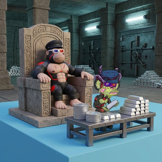 A 3D rendered scene featuring a muscular ape character wearing 3D glasses sitting on a stone throne next to stacks of silver and gold bars, while a smaller zombie-like character in a cap counts money at a table in what appears to be a bank vault.