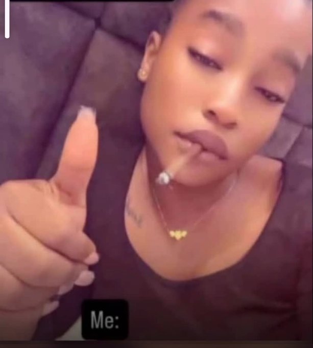 A close-up photo shows a person smoking a cigarette and giving a thumbs-up gesture, with a caption reading 'Me:' at the bottom.