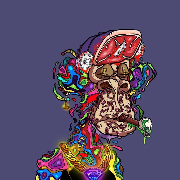 A psychedelic digital illustration of a stylized character with red sunglasses, a skull-tipped cigar, gold chains, and a vibrant multicolored swirling aura.