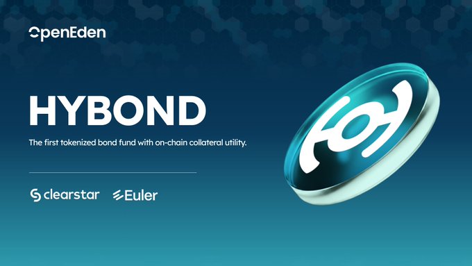 The image is a promotional graphic for **OpenEden's HYBOND**, described as "The first tokenized bond fund with on-chain collateral utility," featuring logos for ClearStar and Euler alongside a stylized HYBOND token icon. It visually supports the announcement by highlighting the Euler partnership that enables users to supply USDC to the HYBOND vault to earn EDEN incentives.