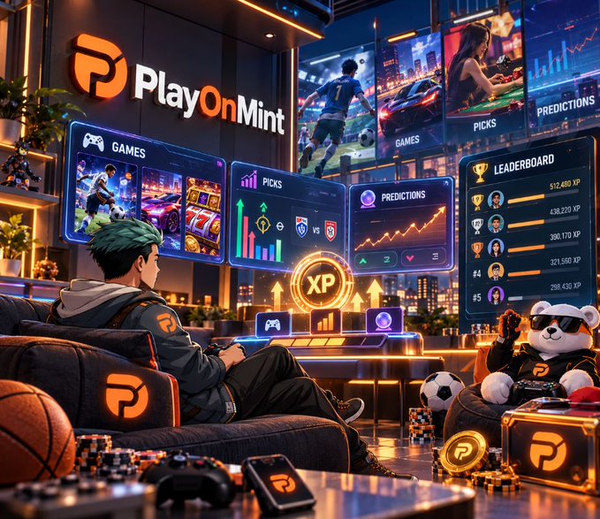 A vibrant digital illustration of a gamer sitting on a sofa in a room themed around the 'PlayOnMint' brand, surrounded by screens displaying 'GAMES', 'PICKS', 'PREDICTIONS', and a 'LEADERBOARD', alongside a large teddy bear and gold coins.