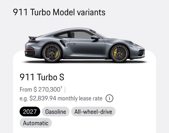 A 2027 Porsche 911 Turbo S priced from $270,300 with a $2,839.94 monthly lease rate, shown alongside the question of when buying a ~$200K+ 911 Turbo S becomes financially sensible.