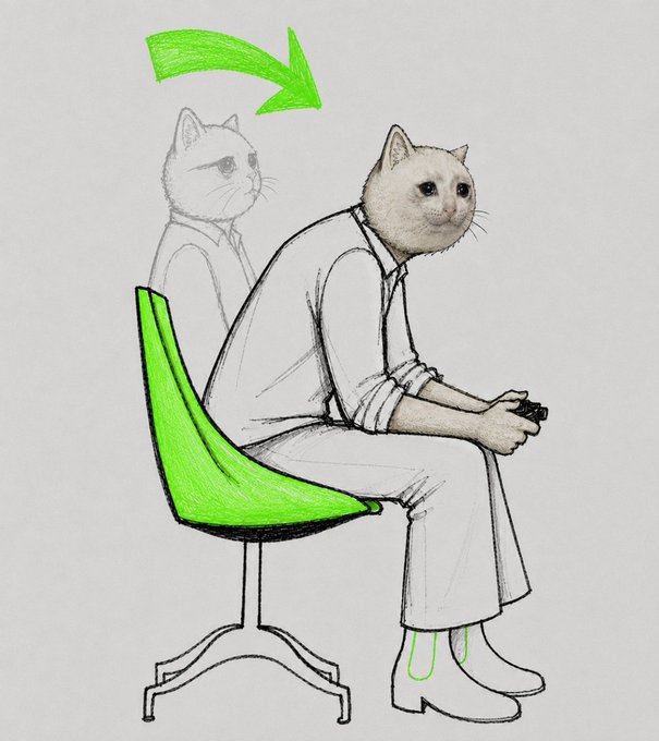 A hand-drawn illustration shows a figure with a cat's head sitting hunched on a green-highlighted chair, holding what appears to be a gaming controller, with a fainter sketched version of the same cat-headed figure positioned upright behind them and a green arrow pointing from the slumped posture to the upright one. The image cleverly visualizes the post's optimistic outlook on $CASHCAT, depicting a "before and after" transformation—suggesting the memecoin's current low-profile state will straighten up and gain prominence, much like the upright cat figure ready to step confidently toward major exchanges and broader recognition in 2026.