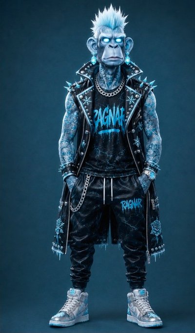 A stylized blue-skinned monkey character with glowing blue eyes and white spiked hair, wearing a black studded vest, tank top reading 'RAGNAR', and matching shorts, standing against a dark teal background.