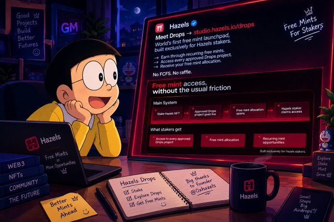 A cartoon illustration promoting 'Hazels' featuring a boy character excitedly looking at a computer screen showing info about 'studio.hazels.io/drops', a free mint launchpad for stakers, with surrounding sticky notes and a Hazels mug.