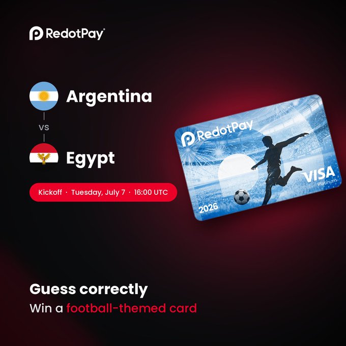 The image is a RedotPay promotional graphic featuring a football-themed Visa virtual card with a player silhouette and "2025" detail, advertising an Argentina vs. Egypt match on Tuesday, July 7 at 16:00 UTC, with a call-to-action to "Guess correctly" and win a football-themed card.