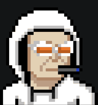 A pixel art illustration depicts an elderly person with white hair and a beard wearing orange-tinted glasses and holding a smoking cigarette.