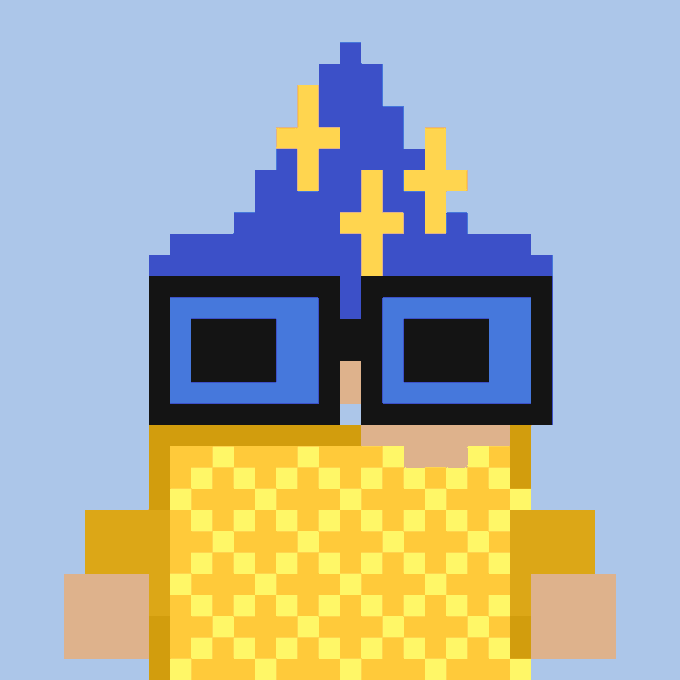 Pixel art character with a blue wizard hat decorated with yellow crosses, wearing blue square glasses and a yellow checkered shirt on a light blue background.